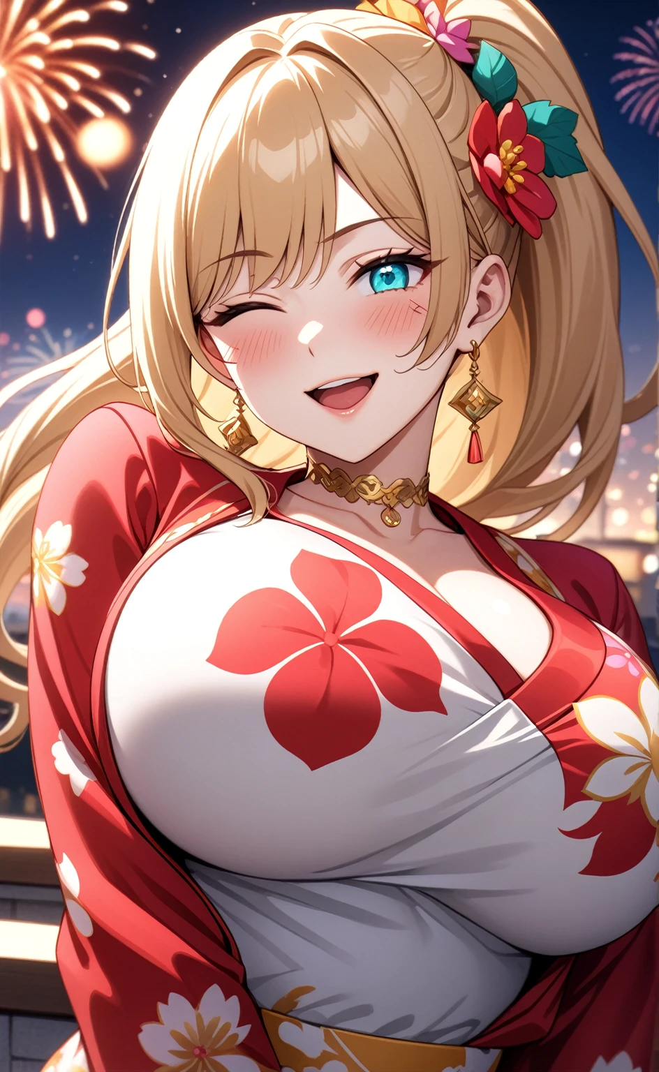 One personの女性)), Beautiful Face,Laughing embarrassedly,((Wink:2.0)),Laugh with your mouth wide open,((Bright red cheeks:1.4)),Glossy pink lips,night,rooftop,Festive decorations,You can see the ocean, firework,Glossy pink lips,Lighting on the face,((Anime style background)),masterpiece, Highest quality, so beautiful, Latest, Complex details, (Pink long nails),(ring),(flower bracelet),Floral choker,AI-generated, Complex,High resolution, Highest quality, super high quality,3D Images、View your viewers、3D Images,One person,Long blonde hair,High Ponytail,Turquoise Eyes,Anime woman posing for a photo, (Fine grain,Colorful eyes,Shining Eyes:1.3),(Squint your eyes:1.1),a hyperRealistic , hyperRealistic , Realistic,Blonde anime woman with long hair, Smooth anime CG art, A woman in a colorful kimono with gold embroidery, (Pink long sleeve kimono),Red floral pattern,Long flower hair ornament,Large floral earrings,(ring),(Big Breasts:1.2),Mature Body,Tall,Big Ass,Narrow waist,Abdominal muscles,(Zoom in on face:1.5),Shooting from below at an angle