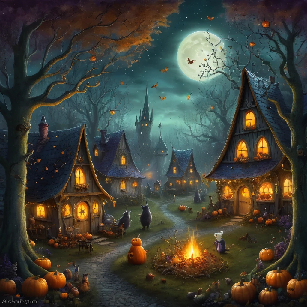 Create an incredibly whimsical and enchanting image inspired by Alexander Jansson’s style for the "Festival of Samhain." Picture a fantastical village nestled in a dark, mystical forest, illuminated by a myriad of glowing lanterns and fairy lights. The villagers, dressed in elaborate costumes of mythical creatures and spirits, are celebrating the Festival of Samhain with joyous festivities.
In the foreground, a group of children wearing intricately detailed costumes of woodland creatures dance around a bonfire, their faces lit up with excitement and wonder. Surrounding them are stalls decorated with eerie, yet charming, ornaments selling magical trinkets, enchanted sweets, and mystical potions.
The background features tall, twisted trees whose branches form a natural canopy, with glowing jack-o'-lanterns hanging from them, casting an ethereal light. Ethereal spirits and friendly ghosts float among the trees, adding a sense of enchantment and mystery to the scene.
The sky is a deep, starry night with a large, glowing moon, enhancing the magical atmosphere. The color palette should be rich and moody, with deep purples, blues, and oranges, creating a perfect blend of spooky and whimsical.
The entire image should evoke a sense of wonder, magic, and festivity, capturing the unique and enchanting spirit of the Festival of Samhain as envisioned by Alexander Jansson.
