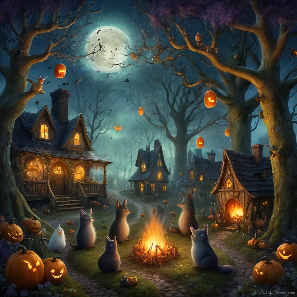 Create an incredibly whimsical and enchanting image inspired by Alexander Jansson’s style for the "Festival of Samhain." Picture a fantastical village nestled in a dark, mystical forest, illuminated by a myriad of glowing lanterns and fairy lights. The villagers, dressed in elaborate costumes of mythical creatures and spirits, are celebrating the Festival of Samhain with joyous festivities.
In the foreground, a group of children wearing intricately detailed costumes of woodland creatures dance around a bonfire, their faces lit up with excitement and wonder. Surrounding them are stalls decorated with eerie, yet charming, ornaments selling magical trinkets, enchanted sweets, and mystical potions.
The background features tall, twisted trees whose branches form a natural canopy, with glowing jack-o'-lanterns hanging from them, casting an ethereal light. Ethereal spirits and friendly ghosts float among the trees, adding a sense of enchantment and mystery to the scene.
The sky is a deep, starry night with a large, glowing moon, enhancing the magical atmosphere. The color palette should be rich and moody, with deep purples, blues, and oranges, creating a perfect blend of spooky and whimsical.
The entire image should evoke a sense of wonder, magic, and festivity, capturing the unique and enchanting spirit of the Festival of Samhain as envisioned by Alexander Jansson.