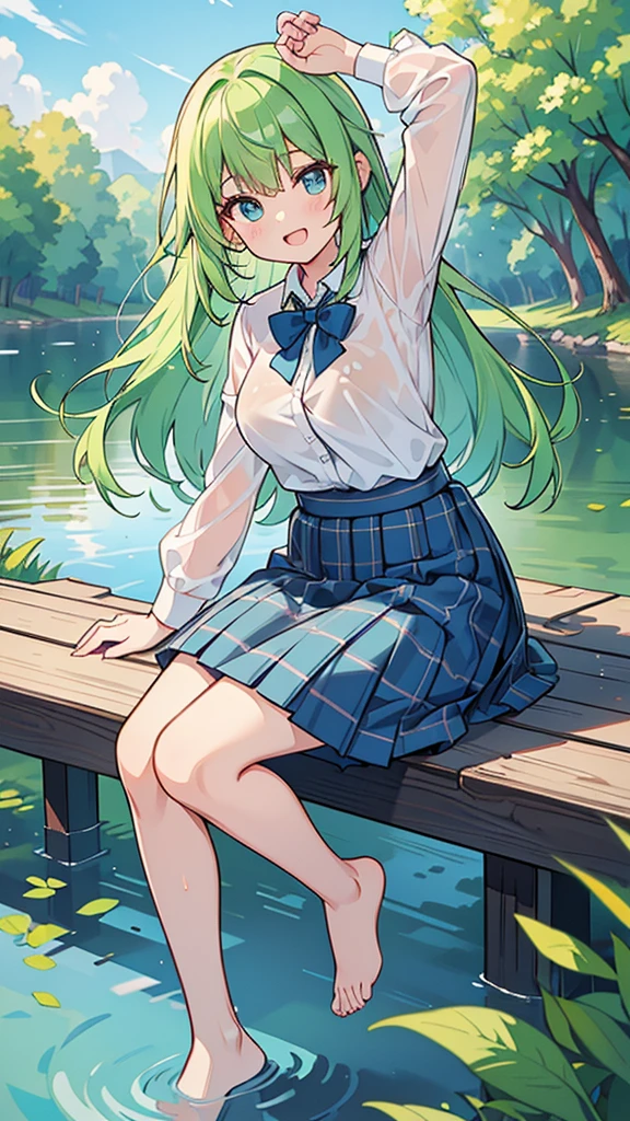 ((A Pretty school girl with green hair and blue eyes)), ((wearing see through white collar shirt and plaid skirt)), Baby face, ((top-quality, master piece, ultra-definition, high resolution)), anime girl, ((ultra-detailed illust:1.2)), only one person, bangs, hair between eye, beautiful hair, Beautiful eyes, medium breast, Big smile, opened mouth, barefoot, in the river, countryside,see through,Nipples visible)