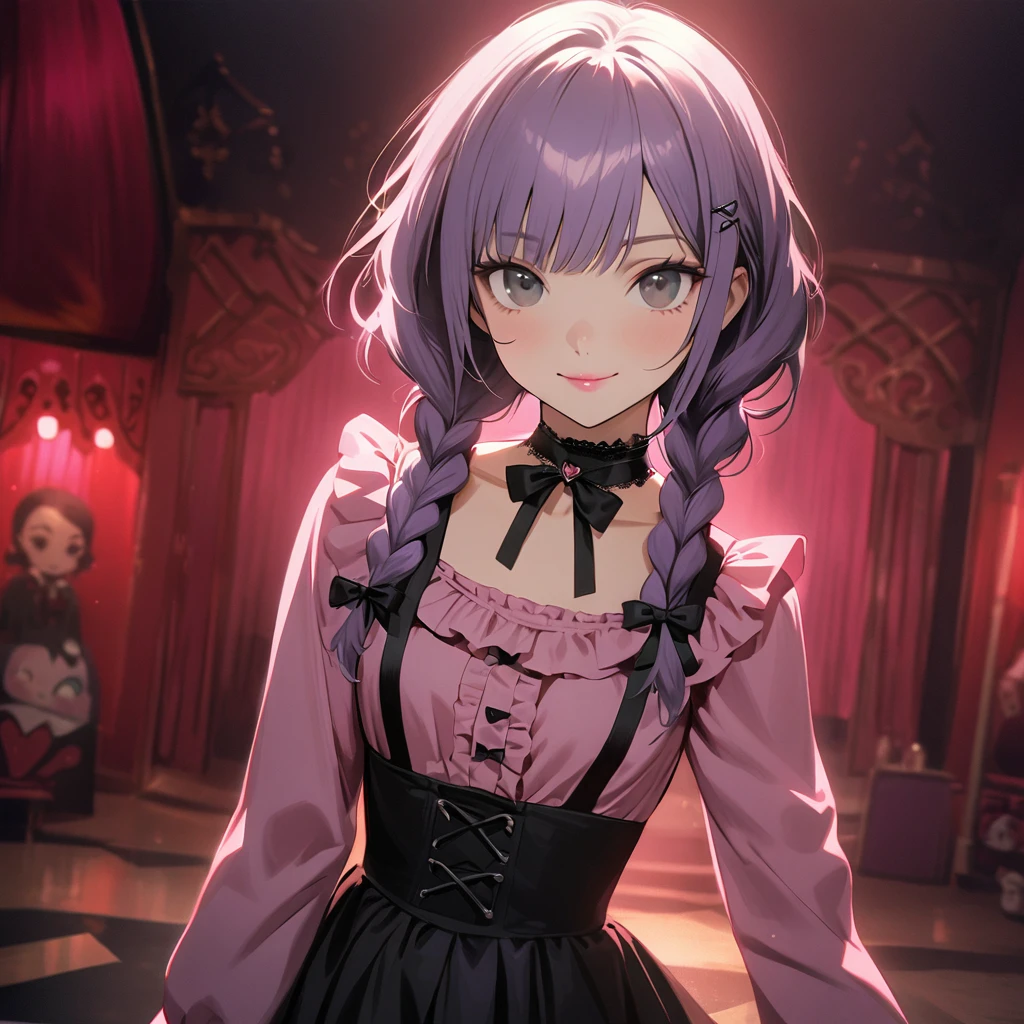 (Cute a girl:1.5), (a girl with closs hair pin,pale purple hair,wavy two braids,bluntbangs hair,green and black eyes,
pink shirt,cosplay, jirai kei, bangs, black skirt, black bow, looking at viewer, bow, long sleeves, choker, ribbon,pink lips,Thick-soled boots, :1.4),(masterpiece:1.3), anime visual, (Lovey-dovey:1.5), (tilt head:1.3), extremely delicate face, soft clean focus, realistic lighting and shading, (an extremely delicate and beautiful art:1.3), elegant, (muted colors:1.1), small breast,slim,The Moulin Rouge in Paris, mysterious pink light, a slightly dark room,look at viewer,smiling,morning lit,