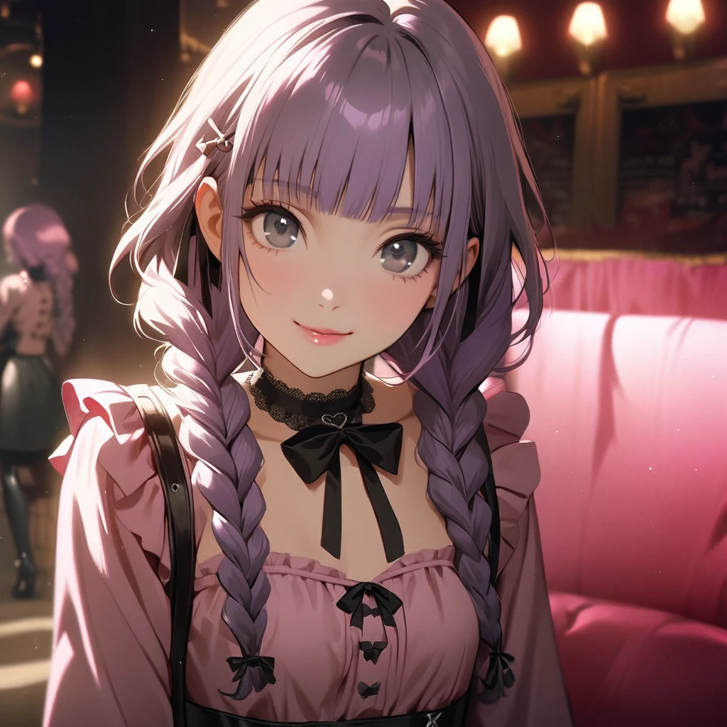 (Cute a girl:1.5), (a girl with closs hair pin,pale purple hair,wavy two braids,bluntbangs hair,green and black eyes,
pink shirt,cosplay, jirai kei, bangs, black skirt, black bow, looking at viewer, bow, long sleeves, choker, ribbon,pink lips,Thick-soled boots, :1.4),(masterpiece:1.3), anime visual, (Lovey-dovey:1.5), (tilt head:1.3), extremely delicate face, soft clean focus, realistic lighting and shading, (an extremely delicate and beautiful art:1.3), elegant, (muted colors:1.1), small breast,slim,The Moulin Rouge in Paris, mysterious pink light, a slightly dark room,look at viewer,smiling,morning lit,