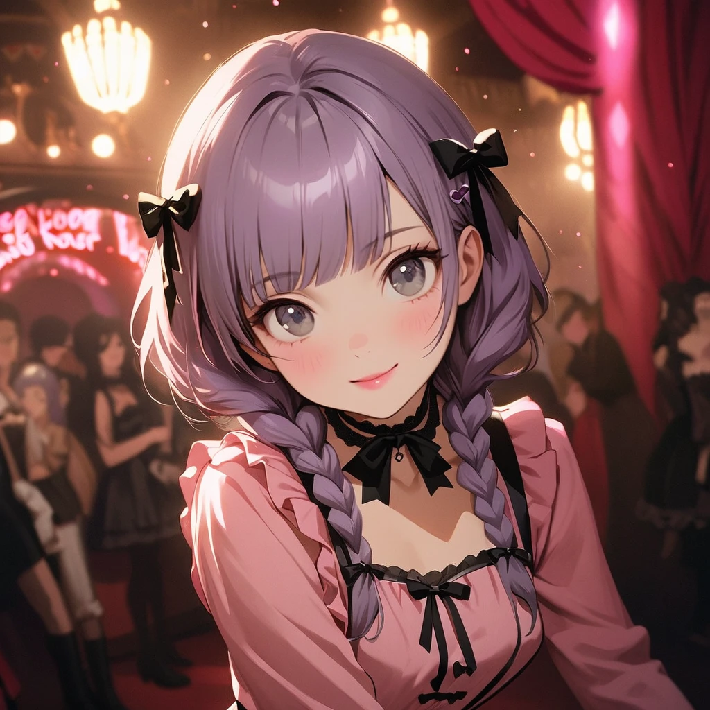 (Cute a girl:1.5), (a girl with closs hair pin,pale purple hair,wavy two braids,bluntbangs hair,green and black eyes,
pink shirt,cosplay, jirai kei, bangs, black skirt, black bow, looking at viewer, bow, long sleeves, choker, ribbon,pink lips,Thick-soled boots, :1.4),(masterpiece:1.3), anime visual, (Lovey-dovey:1.5), (tilt head:1.3), extremely delicate face, soft clean focus, realistic lighting and shading, (an extremely delicate and beautiful art:1.3), elegant, (muted colors:1.1), small breast,slim,The Moulin Rouge in Paris, mysterious pink light, a slightly dark room,look at viewer,smiling,morning lit,