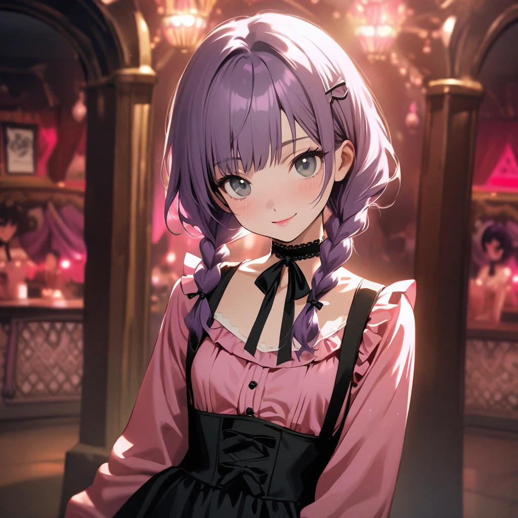 (Cute a girl:1.5), (a girl with closs hair pin,pale purple hair,wavy two braids,bluntbangs hair,green and black eyes,
pink shirt,cosplay, jirai kei, bangs, black skirt, black bow, looking at viewer, bow, long sleeves, choker, ribbon,pink lips,Thick-soled boots, :1.4),(masterpiece:1.3), anime visual, (Lovey-dovey:1.5), (tilt head:1.3), extremely delicate face, soft clean focus, realistic lighting and shading, (an extremely delicate and beautiful art:1.3), elegant, (muted colors:1.1), small breast,slim,The Moulin Rouge in Paris, mysterious pink light, a slightly dark room,look at viewer,smiling,morning lit,