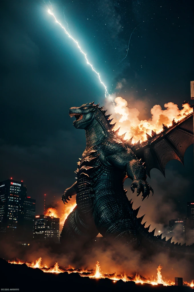 Many Godzilla city burn at night