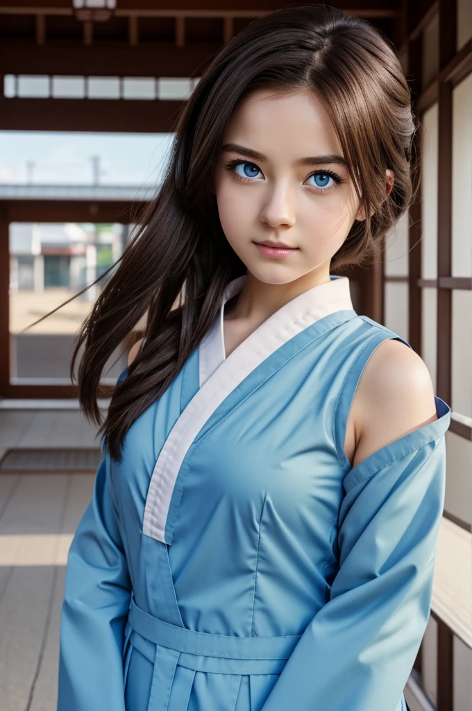 girl with dark brown hair, light blue eyes, dressed in a Japanese uniform, screenshot Boku No Hero Academia