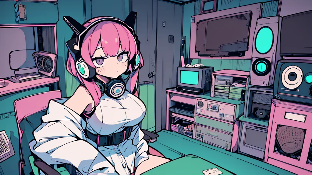 Best quality, (masterpiece:1.2), best detail face,1 girl, big breasts, 18 yo, 8k,absurdres,unity 8k wall paper,(extremely detailed:1.3), highest realistic, (retro headphones:1.1), (soft neon light:1.1), Her room full of music equipment and plants, Leaning back on the chair with a casual attitude, clothing in summer, ((A retro mascot in the room)), natural color palette