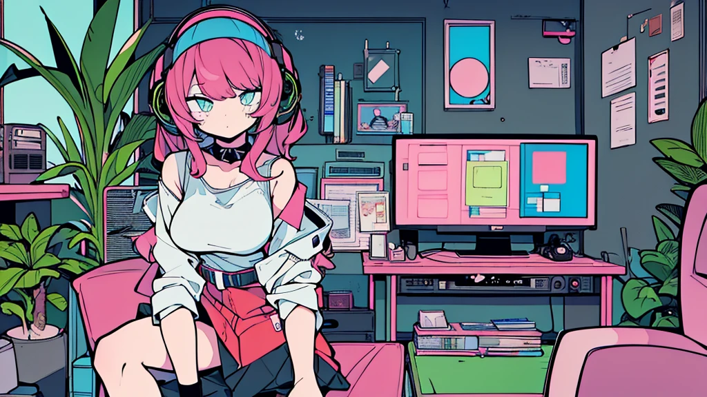 Best quality, (masterpiece:1.2), best detail face,1 girl, big breasts, 18 yo, 8k,absurdres,unity 8k wall paper,(extremely detailed:1.3), highest realistic, (retro headphones:1.1), (soft neon light:1.1), Her room full of music equipment and plants, Leaning back on the chair with a casual attitude, clothing in summer, ((A retro mascot in the room)), natural color palette