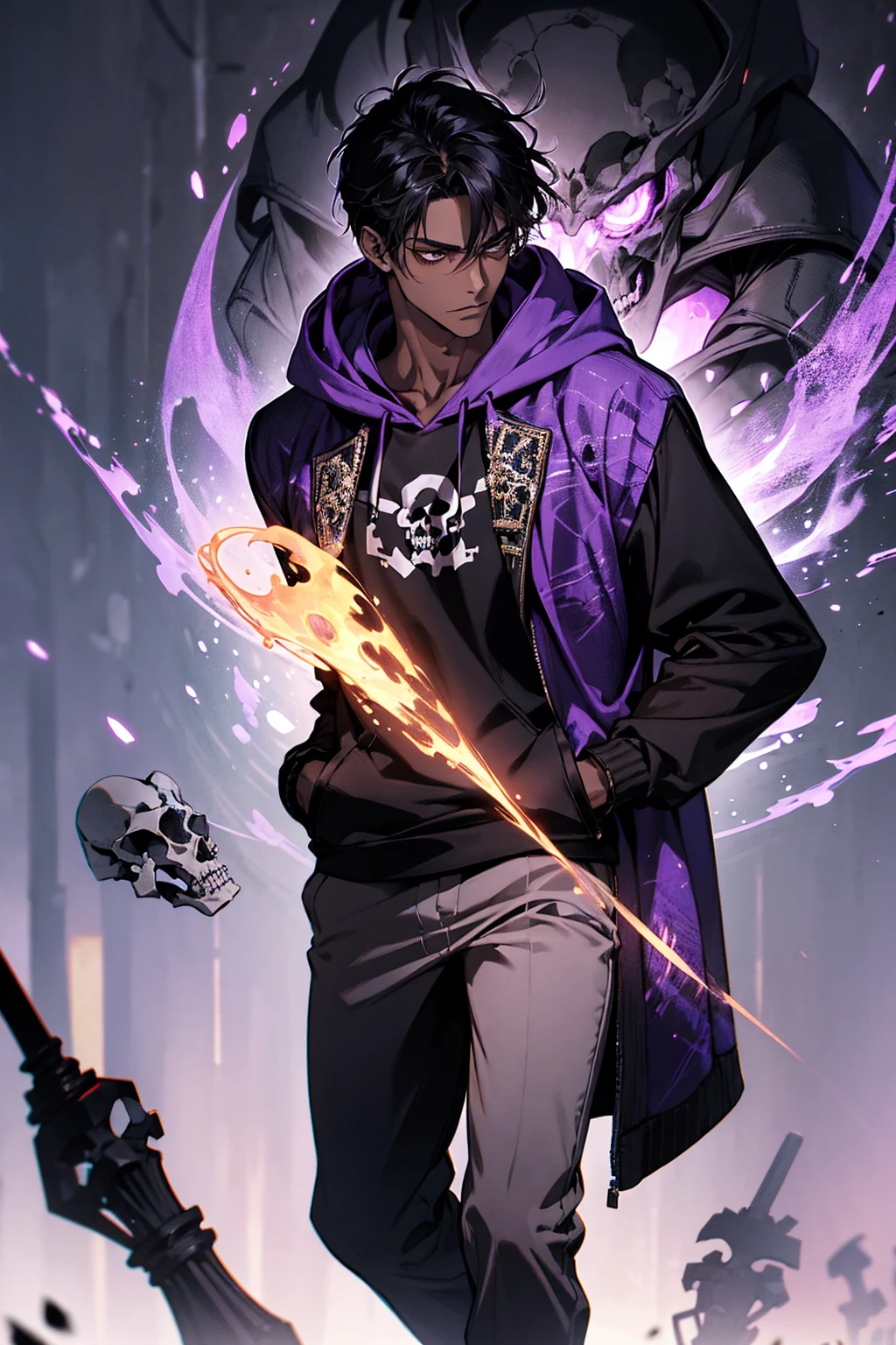 male with bones, looking away from camera, skulls, bones, handsome, black, dark skin, tall, broad shoulders, black hair, purple, purple fire, magic, detailed face, fantasy, hoodie