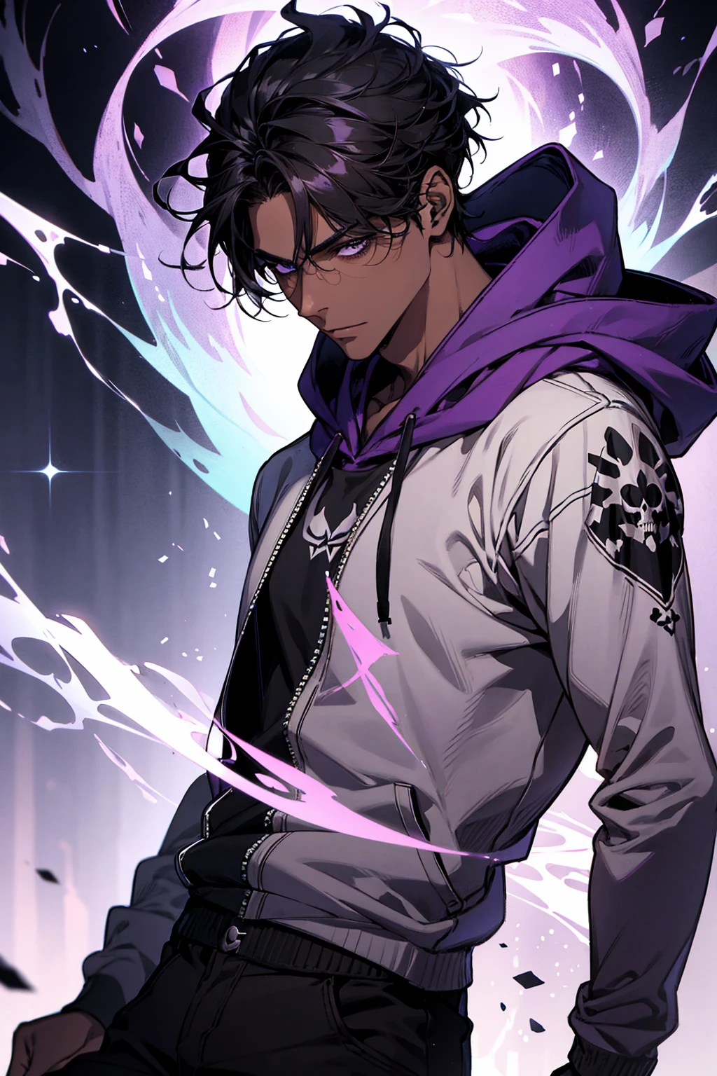 male with bones, looking away from camera, skulls, bones, handsome, black, dark skin, tall, broad shoulders, black hair, purple, purple fire, magic, detailed face, fantasy, hoodie