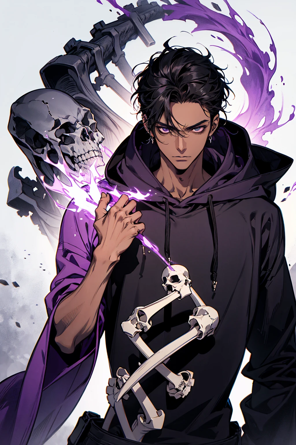 male with bones, looking away from camera, skulls, bones, handsome, black, dark skin, tall, broad shoulders, black hair, purple, purple fire, magic, detailed face, fantasy, hoodie