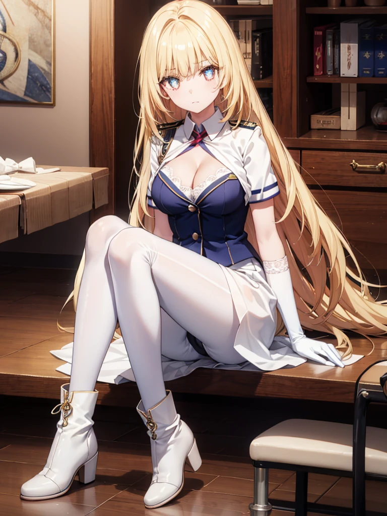 ,long hair,straight_hair,bright_pupils,cleavage,slender_waist,ankle_boots,elbow_gloves,1girl,white_pantyhose,lace,Uniforms