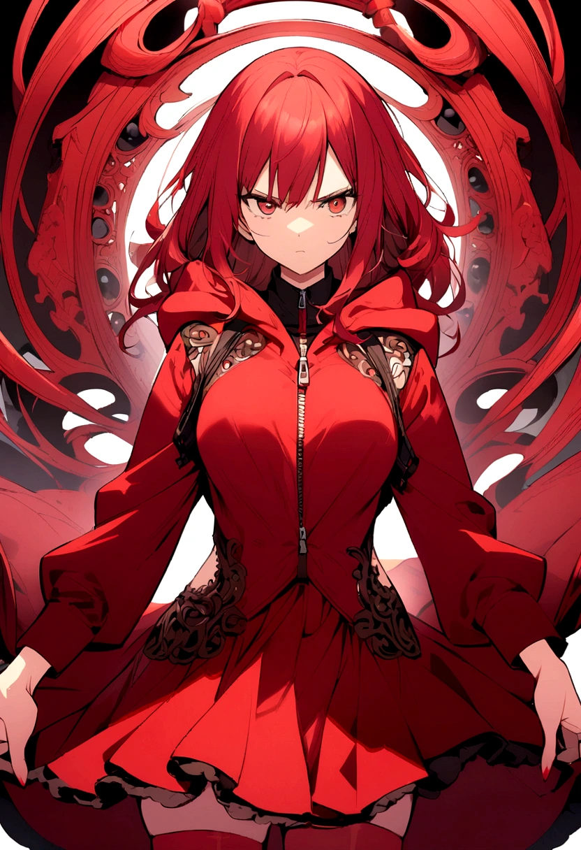 A girl with a red skirt red stockings red zip up hoody red hair and eyes full body