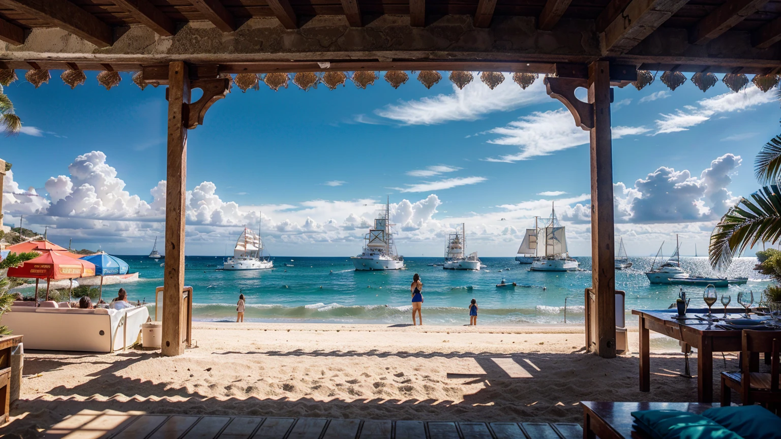 (Castell de Eivissa beach in Ibiza, Spain, background with water, yachts, boats, detailed architecture, people, vibrant atmosphere), (best quality,4k,8k,16k,Highest,masterpiece:1.2),(realistic,photorealistic,photo-realistic:1.37), (extremely detailed CG unit, 16k wallpaper), 16k UHD, 16k HDR, Fujifilm XT3 sharp focus, professional lighting, vivid colors, intricate details, film grain, Fujifilm XT3 realistic painting art, f5.6, physically-based rendering, natural lighting, cinematic lighting ,dramatic lighting, professional, dynamic movement, colorful lighting, vibrant colors, studio lighting, professional photography, cinematic composition, symmetrical framing, landscape,
