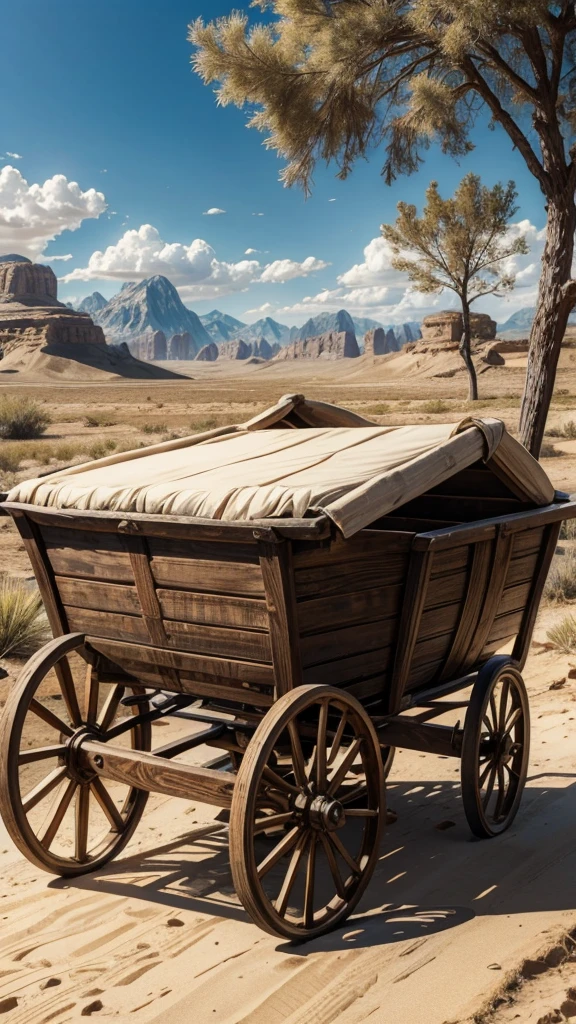 A Sumerian ox cart made of wood, with two solid wooden wheels connected by a central axle. The wheels are circular, with a smooth surface and signs of use. The car is simple and rustic, with interlocking wooden sides. Two strong and robust oxen are harnessed to the cart, puxando-o. The setting is a dirt path in a desert environment, with sparse vegetation and mountains in the background. The sky is clear and sunny, iluminando a cena com uma luz suave.