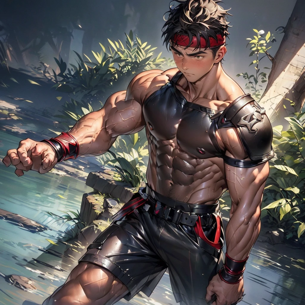 (Masterpiece, Best quality 19 year old boy, black background, cowboy shot), solo, Young, boy, muscler, Shirtless, topless, (Dark Short straight hair, under cut, brown eyes), (red headband, ((leather fingerless grobe, black wristband, simple shoulder leather armor))), Vivid colors, muscler!, muscler, muscler body, (aura power:1.4), detailed face, detailed muscle, (((A magical mystical aura, rippling muscles, fighting pose, struggle, combats, chilling atmosphere, subtle color tones)))