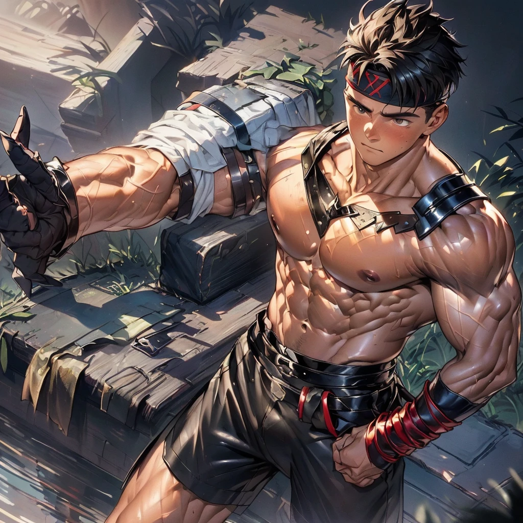 (Masterpiece, Best quality 19 year old boy, black background, cowboy shot), solo, Young, boy, muscler, Shirtless, topless, (Dark Short straight hair, under cut, brown eyes), (red headband, ((leather fingerless grobe, black wristband, simple shoulder leather armor))), Vivid colors, muscler!, muscler, muscler body, (aura power:1.4), detailed face, detailed muscle, (((A magical mystical aura, rippling muscles, fighting pose, struggle, combats, chilling atmosphere, subtle color tones)))