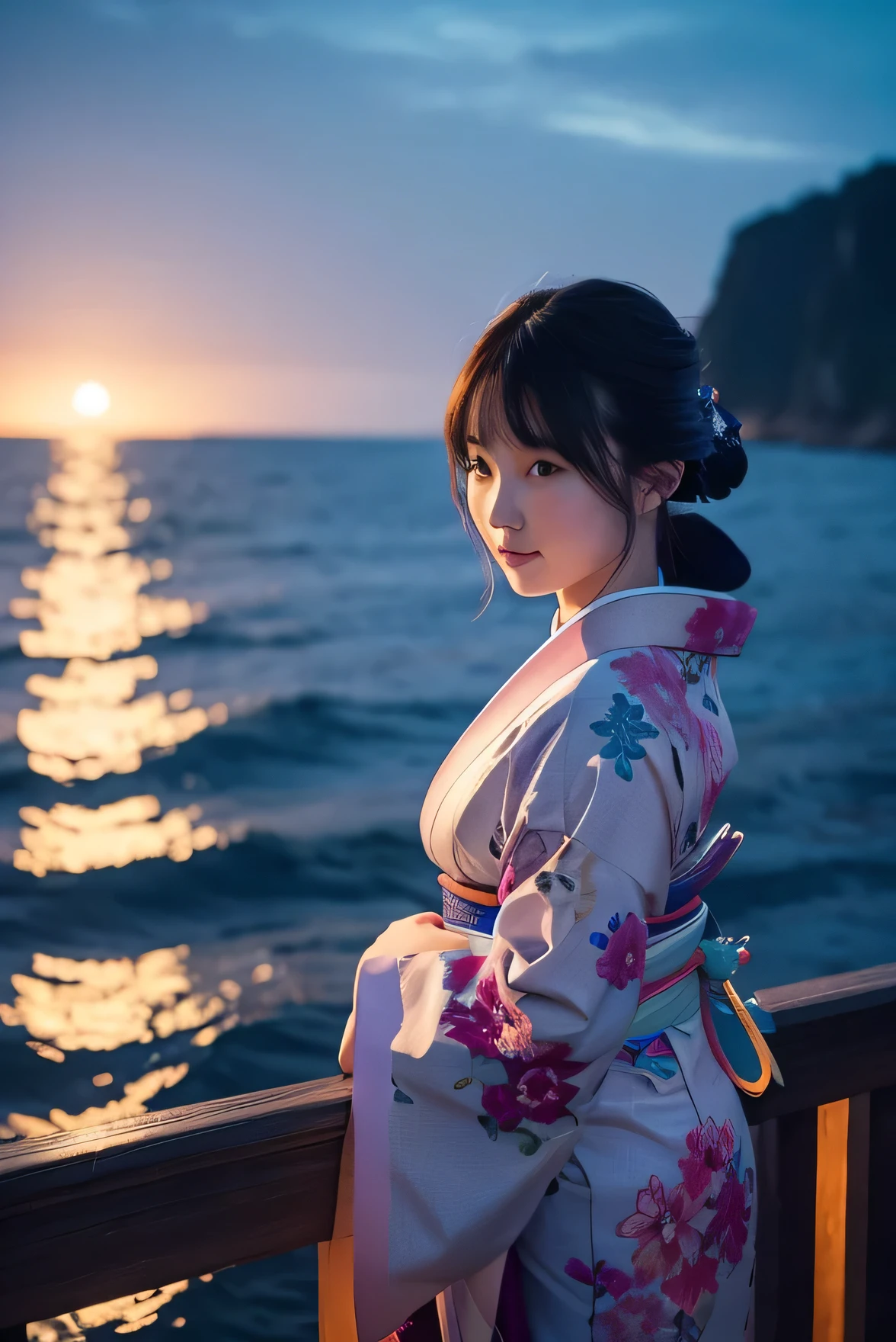 A beautiful woman wearing a kimono as the sea shines in the moonlight at night