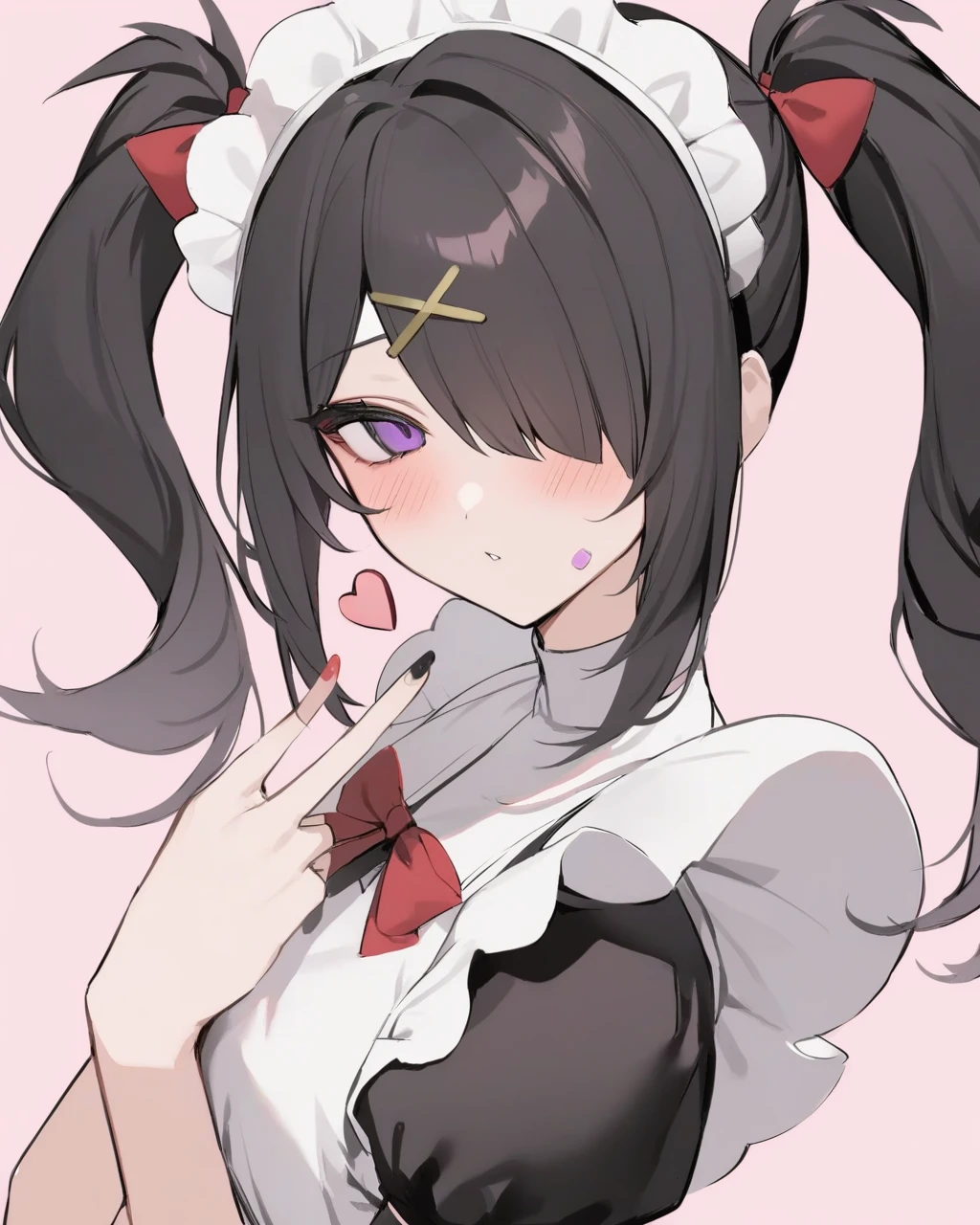 masterpiece,best quality,ame-chan \(needy girl overdose\),1girl,pill,twintails,solo,black hair,maid headdress,maid apron,hair over one eye,v,red bow,looking at viewer,x hair ornament,purple eyes,blush,pink background,nail polish,white apron,hair bow,black nails,drugs,simple background,enmaided,heart,upper body,puffy short sleeves,long hair,bangs,black dress,