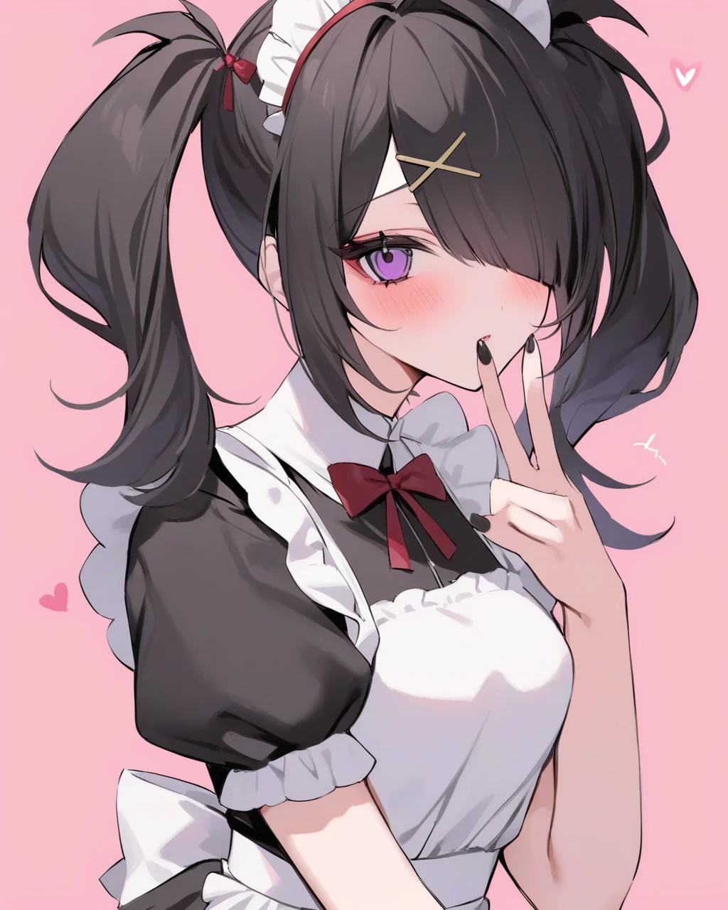 masterpiece,best quality,ame-chan \(needy girl overdose\),1girl,pill,twintails,solo,black hair,maid headdress,maid apron,hair over one eye,v,red bow,looking at viewer,x hair ornament,purple eyes,blush,pink background,nail polish,white apron,hair bow,black nails,drugs,simple background,enmaided,heart,upper body,puffy short sleeves,long hair,bangs,black dress,