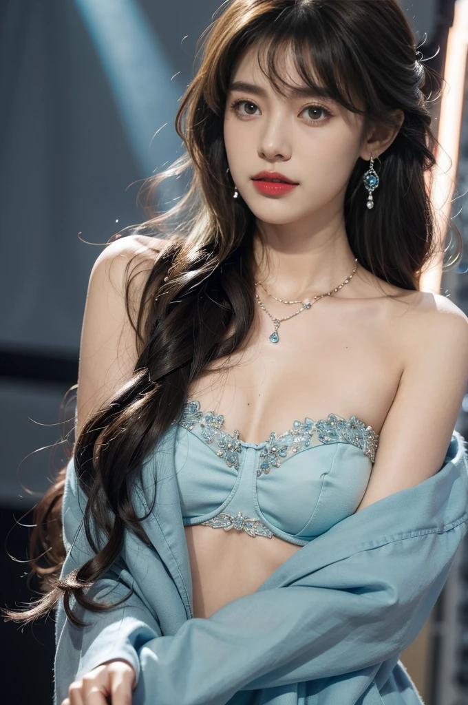 1girl,bangs,bare shoulders,necklace,strapless blue bra,detailed background,detailed eyes,brown hair,earrings,close-up of face,jewelry,slim,flat chest,messy hair,looking at viewer,makeup,night scene,red lips,signature,laughing,solo,On the T-stage,fashion show,Surrounded by crowded crowds on both sides of the stage,neon lights