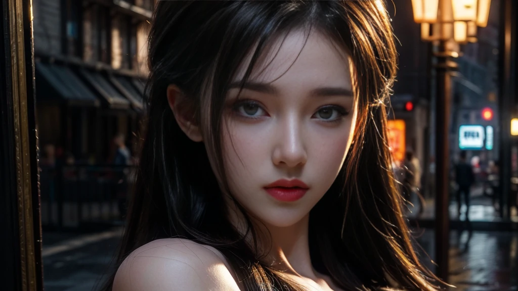 masterpiece,quality,Best quality,official art,(Beauty and aesthetics:1.2),(masterpiece:1.3), (8K, Realistically, RAW photo quality is the best: 1.4), Beautiful face, (Realistic face),Ultra-high resolution, Ultra-realistic photos, The content is very detailed, Golden Ratio, (Energetic:1.3),(saturation:1.3),Unreal Engine, (High Detail: 1.9),(woman:1.4),(Large Breasts),Mature woman,Mid-range lens,dramatic,(night),Bustling streets,futuristic city