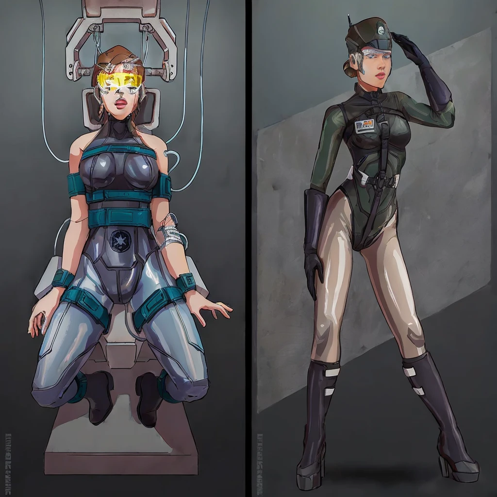 there are two pictures of a Аhsoka in a uniform and a Аhsoka in a suit, metal gear solid art style, metal gear solid style, metal gear solid inspired, inspired by Masamune Shirow, metal gear solid anime cyberpunk, video game fanart, from metal gear, metal gear style, commission for high res, cyberpunk Аhsoka , metal gear solid concept art