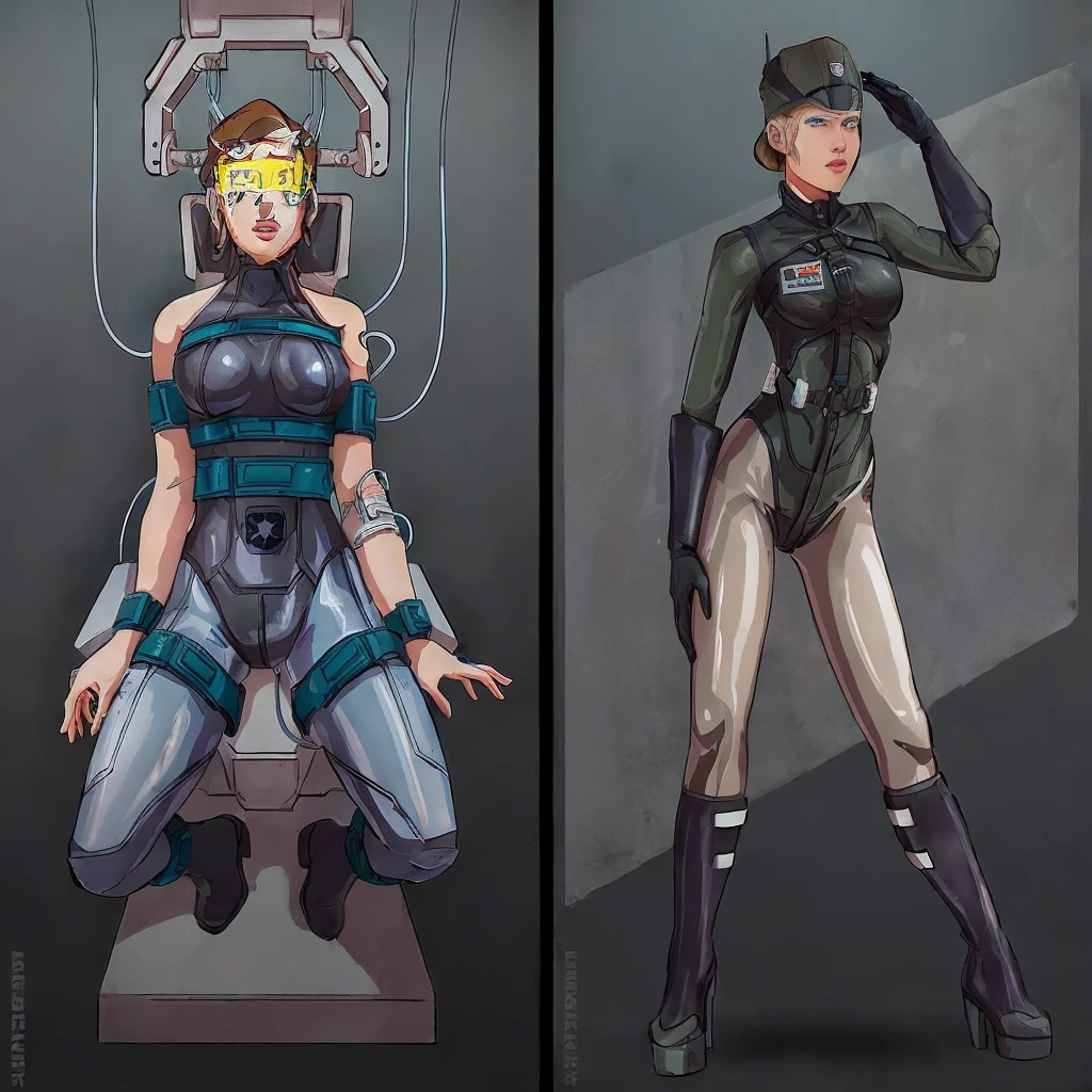 there are two pictures of a Аhsoka in a uniform and a Аhsoka in a suit, metal gear solid art style, metal gear solid style, metal gear solid inspired, inspired by Masamune Shirow, metal gear solid anime cyberpunk, video game fanart, from metal gear, metal gear style, commission for high res, cyberpunk Аhsoka , metal gear solid concept art