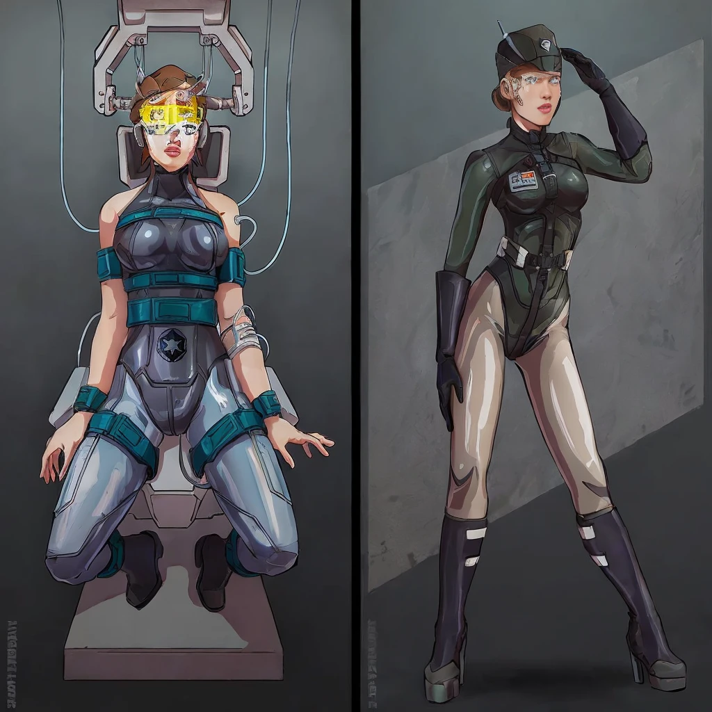 there are two pictures of a Аhsoka in a uniform and a Аhsoka in a suit, metal gear solid art style, metal gear solid style, metal gear solid inspired, inspired by Masamune Shirow, metal gear solid anime cyberpunk, video game fanart, from metal gear, metal gear style, commission for high res, cyberpunk Аhsoka , metal gear solid concept art