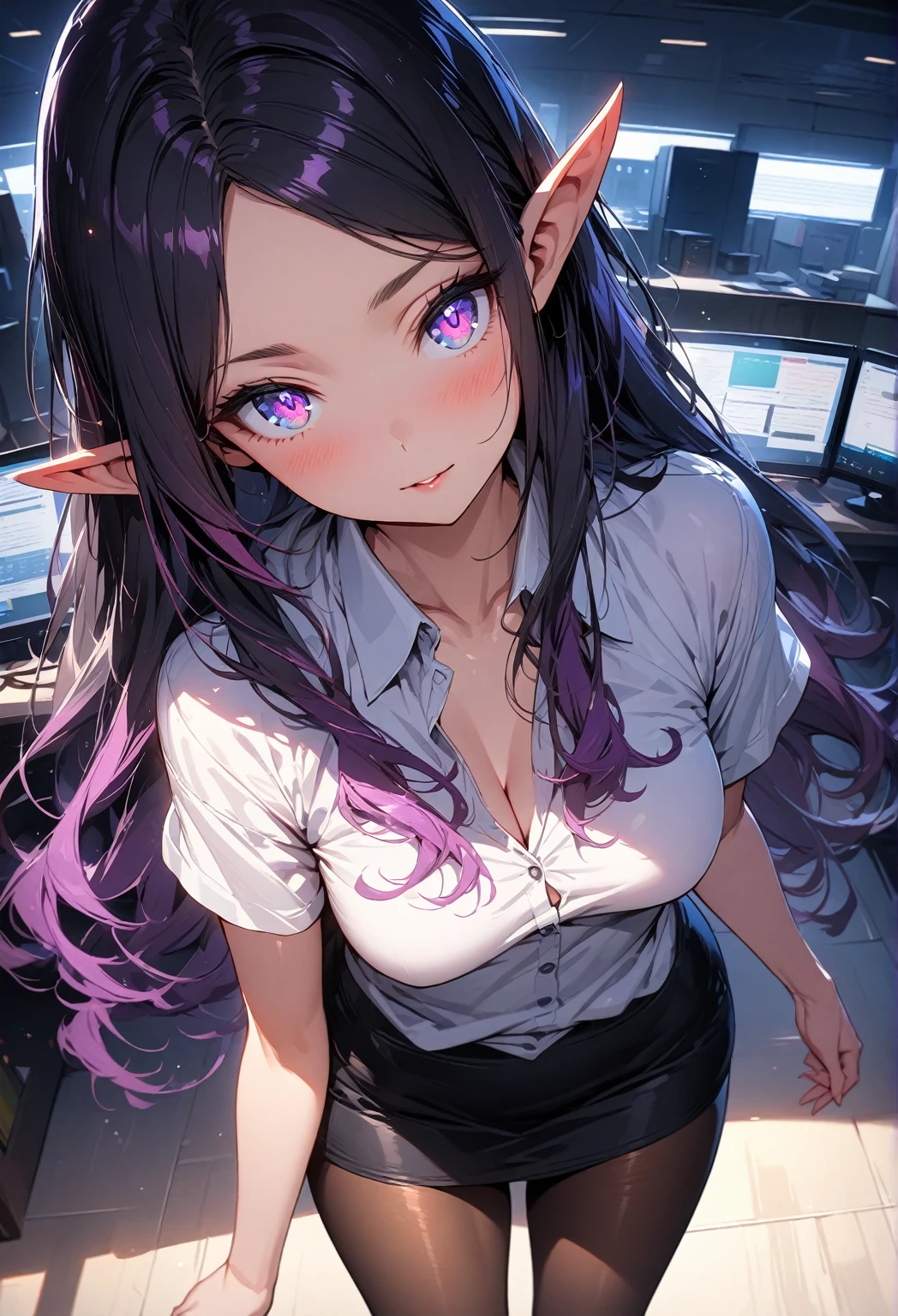 ((highest quality, best quality, masterpiece, ultra high definition, high dynamic range, ultra high resolution)), ((ultra-detailed illustrations:1.2)), 1 girl, solo, anime style, dynamic lighting, dynamic angle, looking at viewer, indoor, office, (beautiful detailed face, beautiful detailed skin, shiny skin, pointed ears, mid-chest), (beautiful detailed hair, parted bangs, long hair, black hair, dark purple hair, multi colored hair), (beautiful detailed eyes, beautiful detailed pupils, violet eyes), (white shirt, collared shirt, short sleeves, black mini skirt, pantyhose)