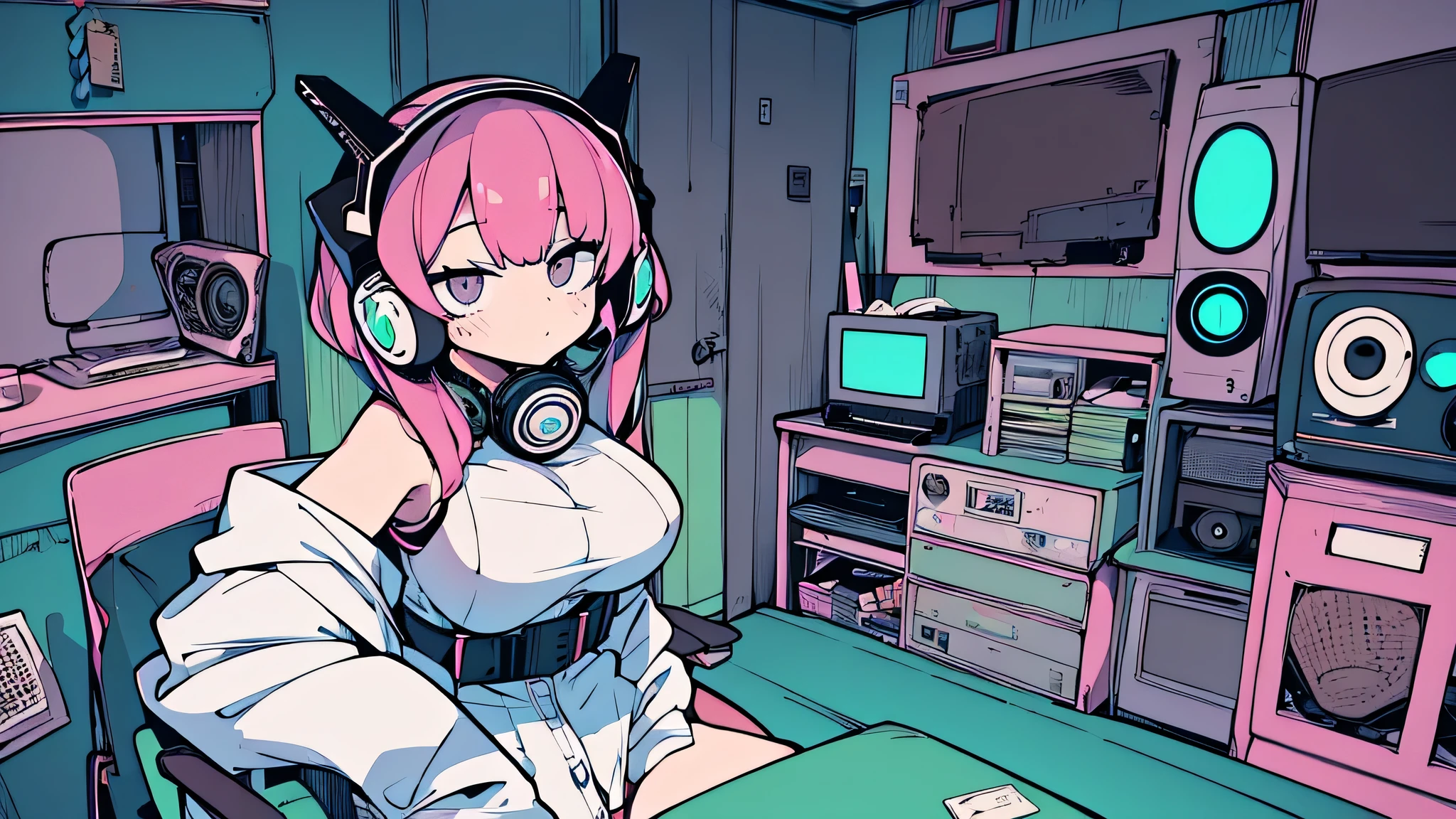 Best quality, (masterpiece:1.2), best detail face,1 girl, big breasts, 18 yo, 8k,absurdres,unity 8k wall paper,(extremely detailed:1.3), highest realistic, (retro headphones:1.1), (soft neon light:1.1), Her room full of music equipment and plants, Leaning back on the chair with a casual attitude, clothing in summer, ((A retro mascot in the room)), natural color palette