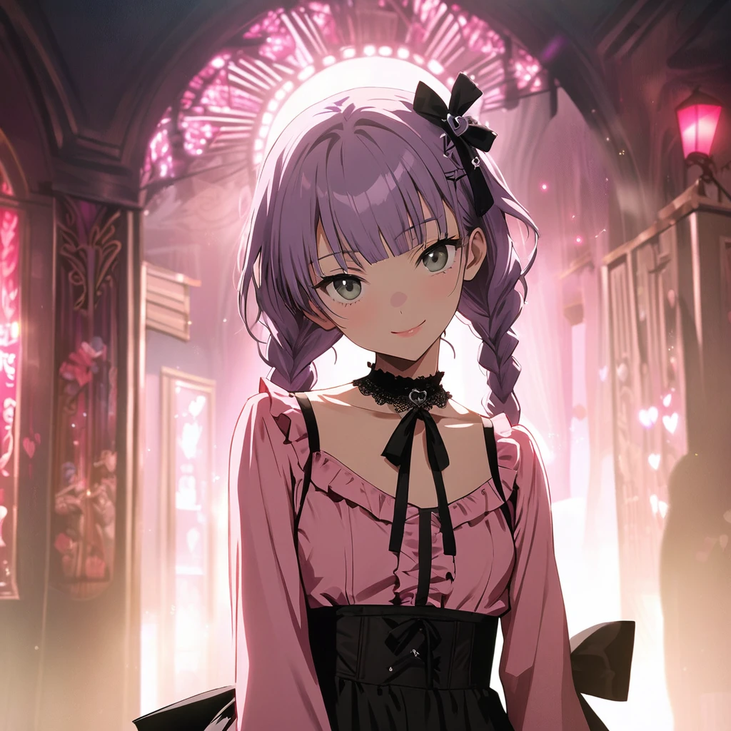 (Cute a girl:1.5), (a girl with closs hair pin,pale purple hair,wavy two braids,bluntbangs hair,green and black eyes,
pink shirt,cosplay, jirai kei, bangs, black skirt, black bow, looking at viewer, bow, long sleeves, choker, ribbon,pink lips,Thick-soled boots,full body shot :1.4),(masterpiece:1.3), anime visual, (Lovey-dovey:1.5), (tilt head:1.3), extremely delicate face, soft clean focus, realistic lighting and shading, (an extremely delicate and beautiful art:1.3), elegant, (muted colors:1.1), small breast,slim,The Moulin Rouge in Paris, mysterious pink light, a slightly dark room,look at viewer,smiling,morning lit,