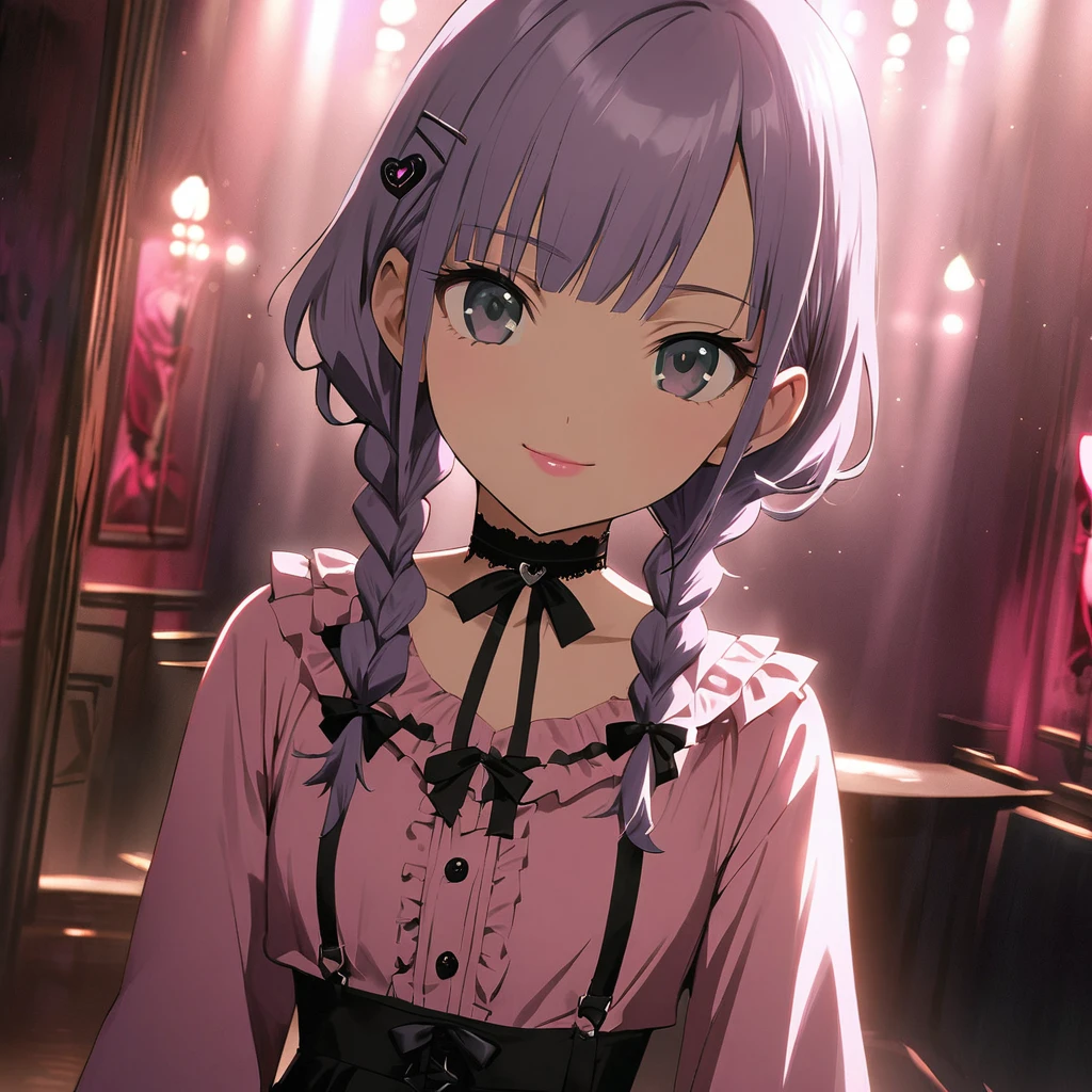(Cute a girl:1.5), (a girl with closs hair pin,pale purple hair,wavy two braids,bluntbangs hair,green and black eyes,
pink shirt,cosplay, jirai kei, bangs, black skirt, black bow, looking at viewer, bow, long sleeves, choker, ribbon,pink lips,Thick-soled boots,full body shot :1.4),(masterpiece:1.3), anime visual, (Lovey-dovey:1.5), (tilt head:1.3), extremely delicate face, soft clean focus, realistic lighting and shading, (an extremely delicate and beautiful art:1.3), elegant, (muted colors:1.1), small breast,slim,The Moulin Rouge in Paris, mysterious pink light, a slightly dark room,look at viewer,smiling,morning lit,