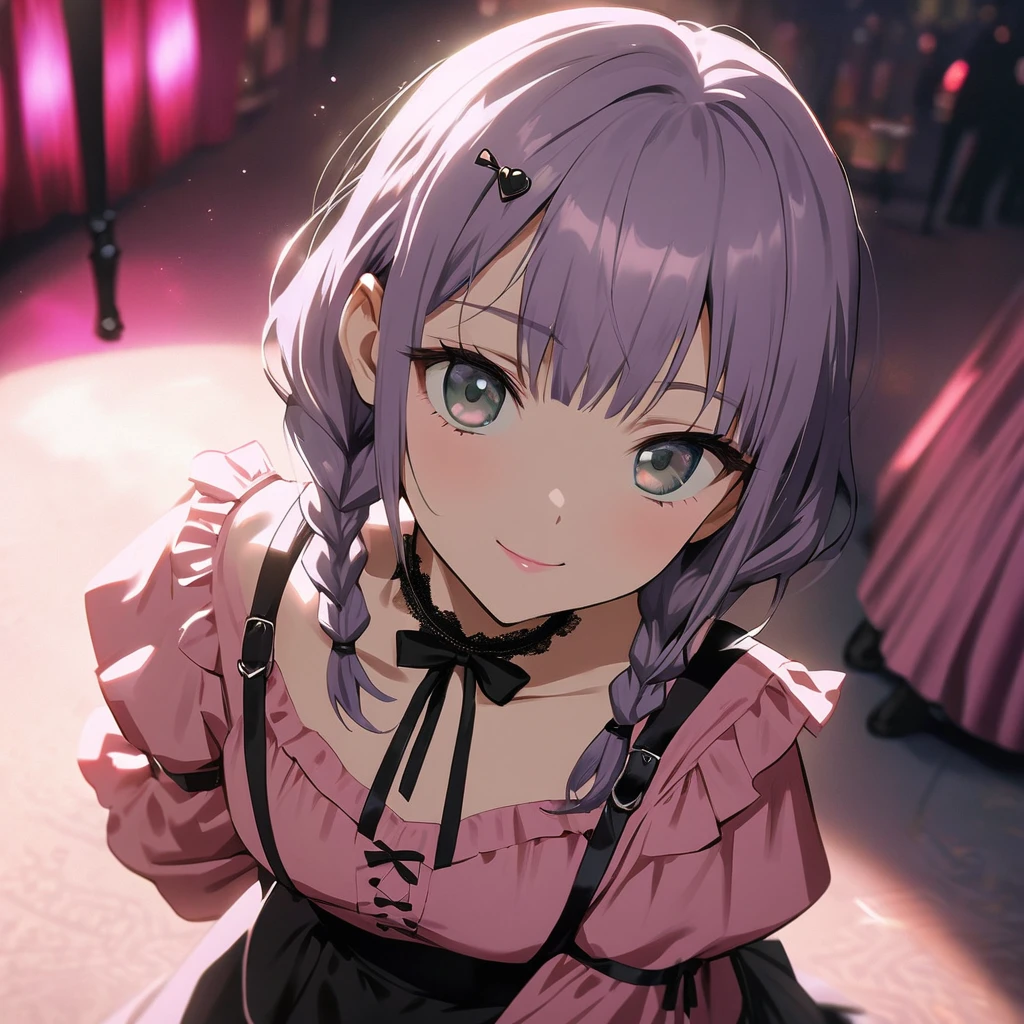 (Cute a girl:1.5), (a girl with closs hair pin,pale purple hair,wavy two braids,bluntbangs hair,green and black eyes,
pink shirt,cosplay, jirai kei, bangs, black skirt, black bow, looking at viewer, bow, long sleeves, choker, ribbon,pink lips,Thick-soled boots,full body shot :1.4),(masterpiece:1.3), anime visual, (Lovey-dovey:1.5), (tilt head:1.3), extremely delicate face, soft clean focus, realistic lighting and shading, (an extremely delicate and beautiful art:1.3), elegant, (muted colors:1.1), small breast,slim,The Moulin Rouge in Paris, mysterious pink light, a slightly dark room,look at viewer,smiling,morning lit,
