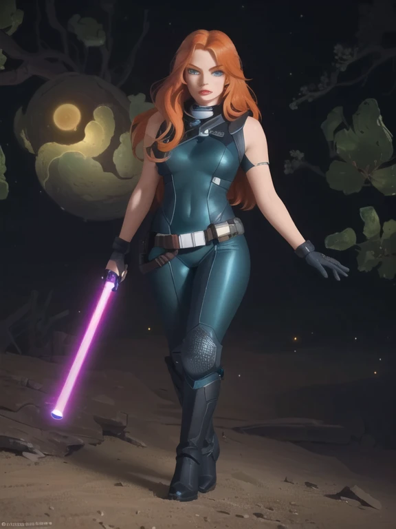 (4K quality),masterpiece, best quality, (Detailed face:1.2), (Detailed eyes:1.2), (Perfect figure:1.2), CARTOON, ANIME, CARTOON ARTSTYLE, vintage science fiction, Star Wars based environment, extremely detailed face, long eyelashes, a upper body shot of a woman (Mara Jade), long orange hair, bright green eyes, light-skinned with freckles, red lipstick, a determined look, smirking and stoic gaze. She's wearing a tight shiny black leather suit, tan handkerchief, fingerless gloves, silver utility belt and high-heel boots. Her gaze is both alluring and fierce, as she holds the purple lightsaber with a delicate yet deadly grip. Upper body shot. Background: Outer Space, cosmic clouds, Chain of fractal nebulae, cosmic, Celestial, cosmic, A vibrant and vivid entity, whirly, Spinning, unreal, High contrast, Symbolism, magical, mystic, mystic, Hyper-realistic, Supersaturation, Colorful.