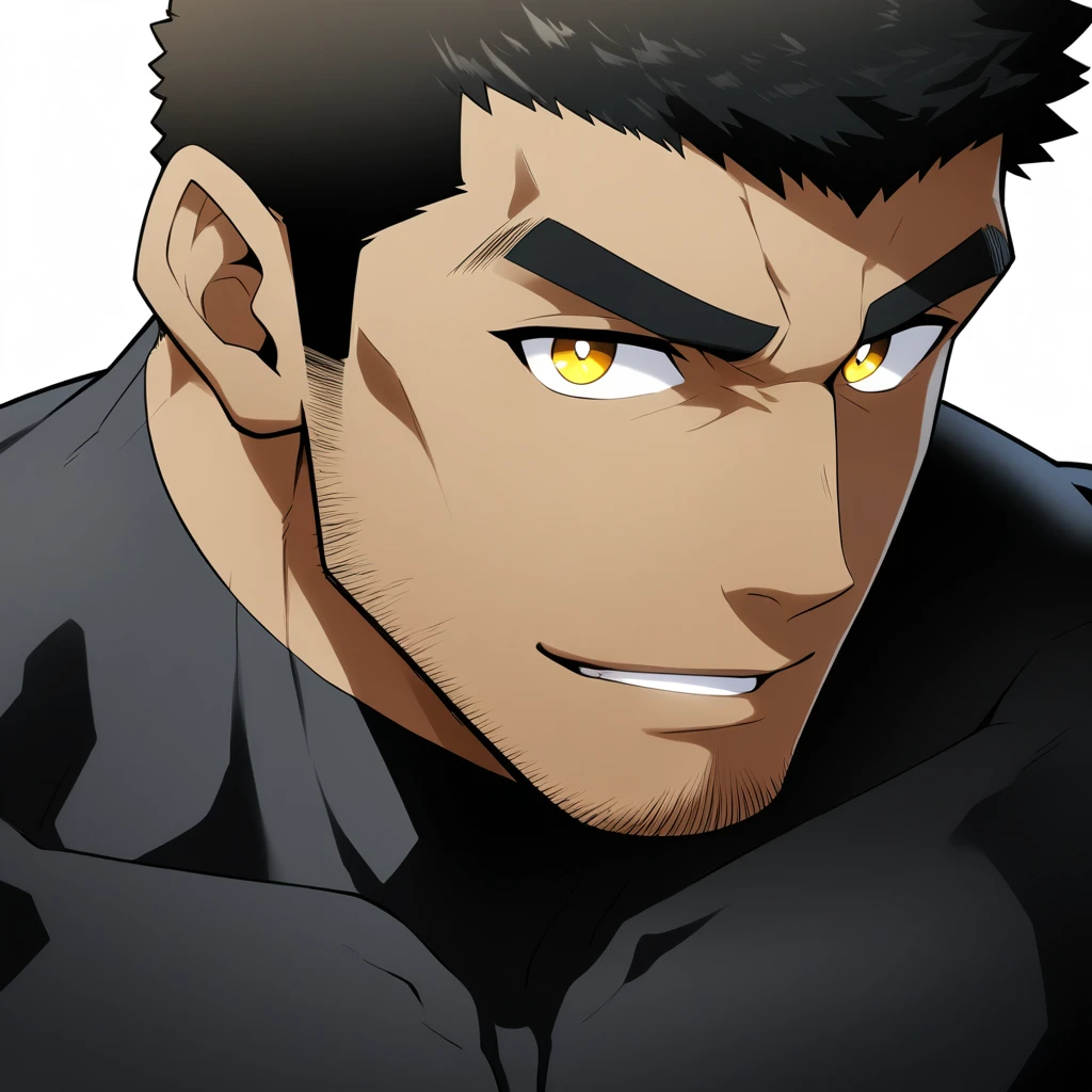 one negro, anime characters:Gyee, Hibino Kafka, Muscle Sports Student, negro black skin, Very Black, muscular tough guy, Manliness, male focus, Dark grey turtleneck tight T-shirt, Regular symmetrical pattern, Very tight, muscular male, muscular, only, Upper body, alone, Black short hair, Thick eyebrows, stubble, Yellow eyes, White background, simple background, amazing quality, best aesthetics, Ridiculous, bright pupils, crew cut, parted lips, seductive smile, torogao, naughty face, best quality