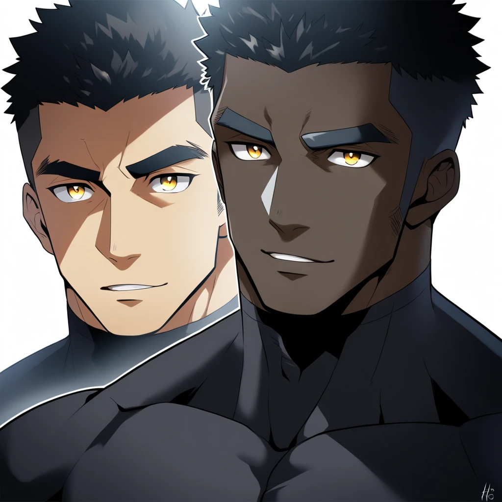 one negro, anime characters:Gyee, Hibino Kafka, Muscle Sports Student, negro black skin, Very Black, muscular tough guy, Manliness, male focus, Dark grey turtleneck tight T-shirt, Regular symmetrical pattern, Very tight, muscular male, muscular, only, Upper body, alone, Black short hair, Thick eyebrows, stubble, Yellow eyes, White background, simple background, amazing quality, best aesthetics, Ridiculous, bright pupils, crew cut, parted lips, seductive smile, torogao, naughty face, best quality