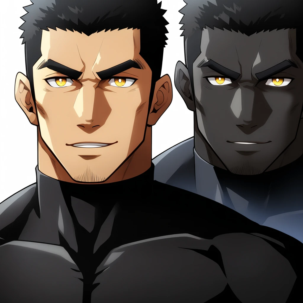 one negro, anime characters:Gyee, Hibino Kafka, Muscle Sports Student, negro black skin, Very Black, muscular tough guy, Manliness, male focus, Dark grey turtleneck tight T-shirt, Regular symmetrical pattern, Very tight, muscular male, muscular, only, Upper body, alone, Black short hair, Thick eyebrows, stubble, Yellow eyes, White background, simple background, amazing quality, best aesthetics, Ridiculous, bright pupils, crew cut, parted lips, seductive smile, torogao, naughty face, best quality