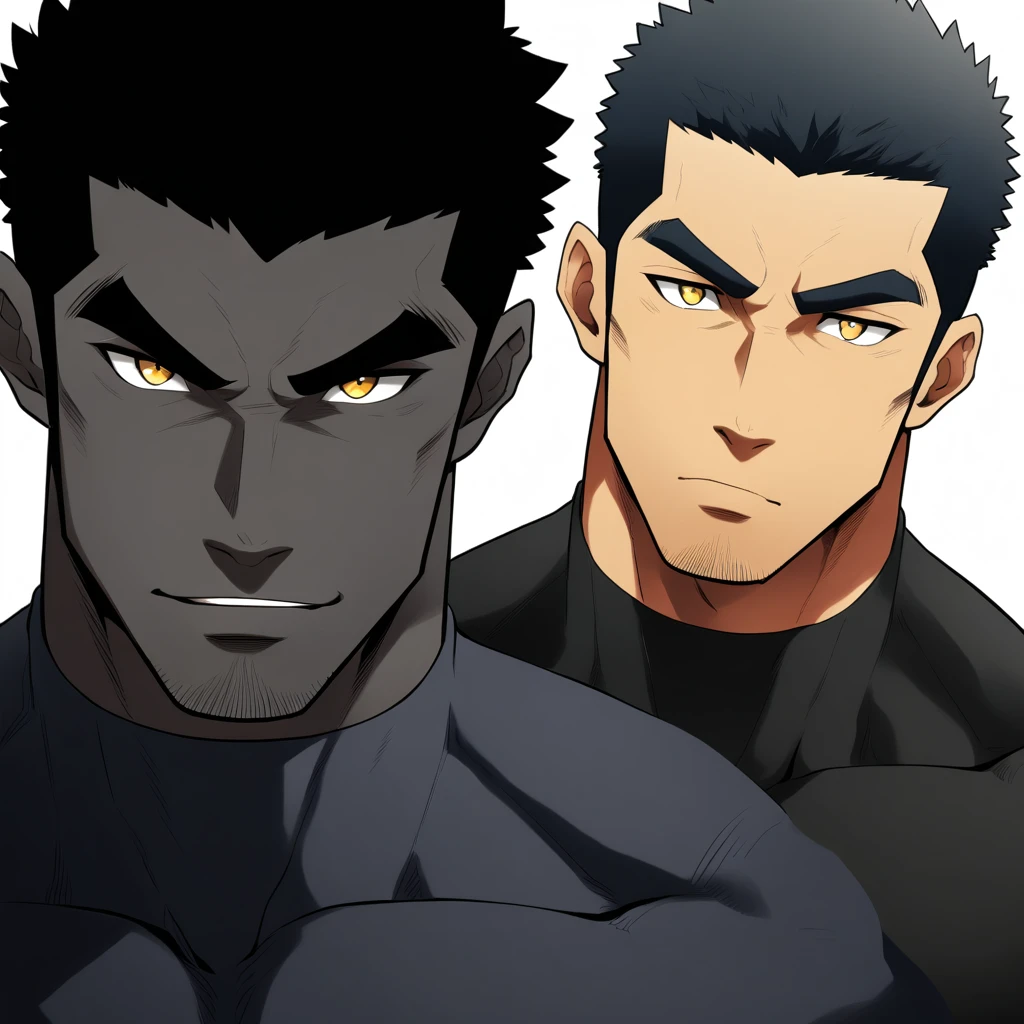 one negro, anime characters:Gyee, Hibino Kafka, Muscle Sports Student, negro black skin, Very Black, muscular tough guy, Manliness, male focus, Dark grey turtleneck tight T-shirt, Regular symmetrical pattern, Very tight, muscular male, muscular, only, Upper body, alone, Black short hair, Thick eyebrows, stubble, Yellow eyes, White background, simple background, amazing quality, best aesthetics, Ridiculous, bright pupils, crew cut, parted lips, seductive smile, torogao, naughty face, best quality