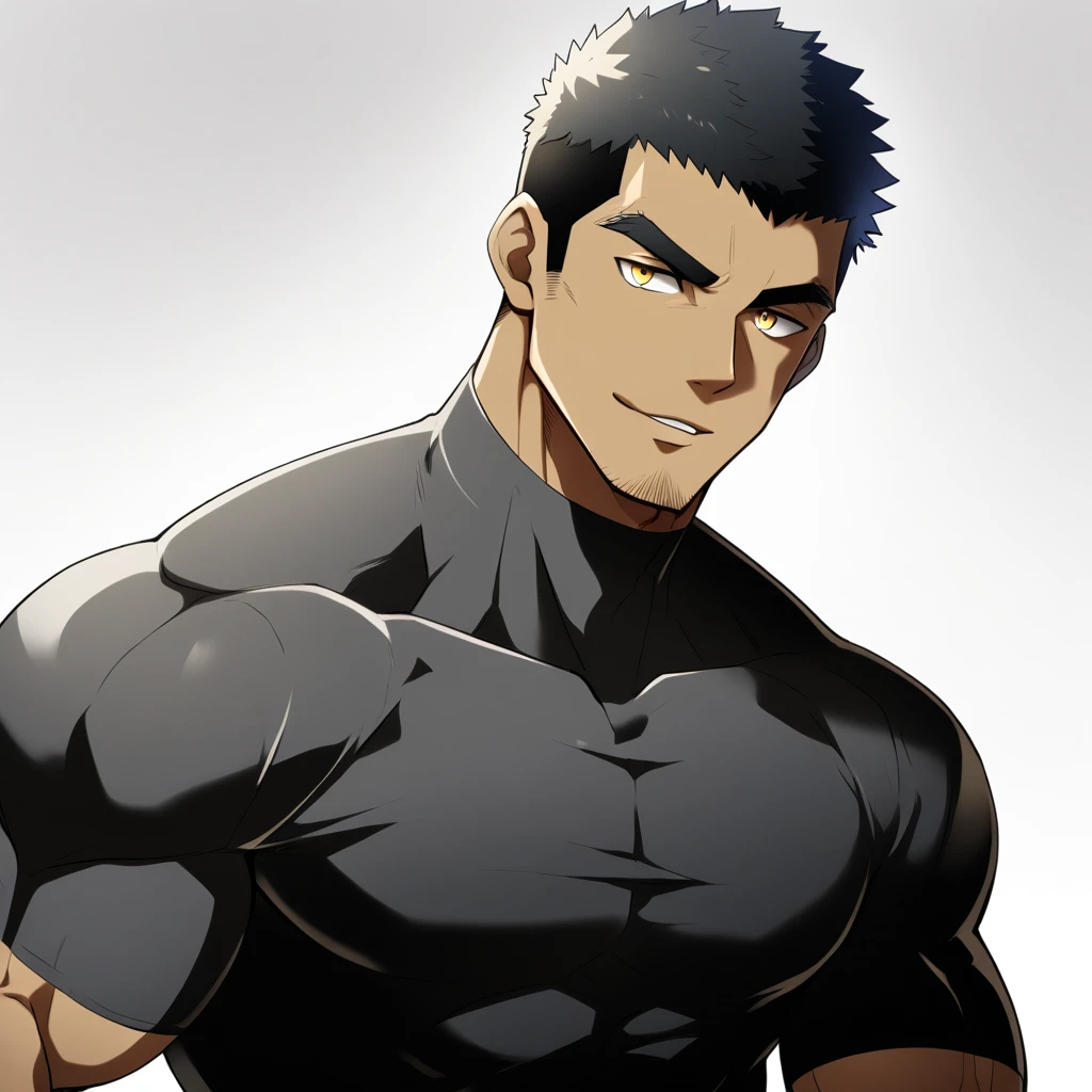 one negro, anime characters：Gyee, Hibino Kafka, Muscle Sports Student, negro black skin, Very Black, muscular tough guy, Manliness, male focus, Dark grey turtleneck tight T-shirt, Regular symmetrical pattern, Very tight, muscular male, muscular, only, Upper body, alone, Black short hair, Thick eyebrows, stubble, Yellow eyes, White background, simple background, amazing quality, best aesthetics, Ridiculous, bright pupils, crew cut, parted lips, seductive smile, torogao, naughty face, best quality