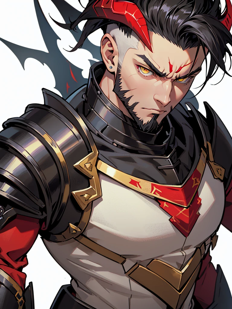 anime medieval art, masterpiece, best quality, male, solo, upper body portrait, detailed composition, detailed eyes, (((white background))), short black spiky hair, undercut hair, angry, devil horns, full beard, burly, yellow eyes, (((wearing black armor with red trim)))
