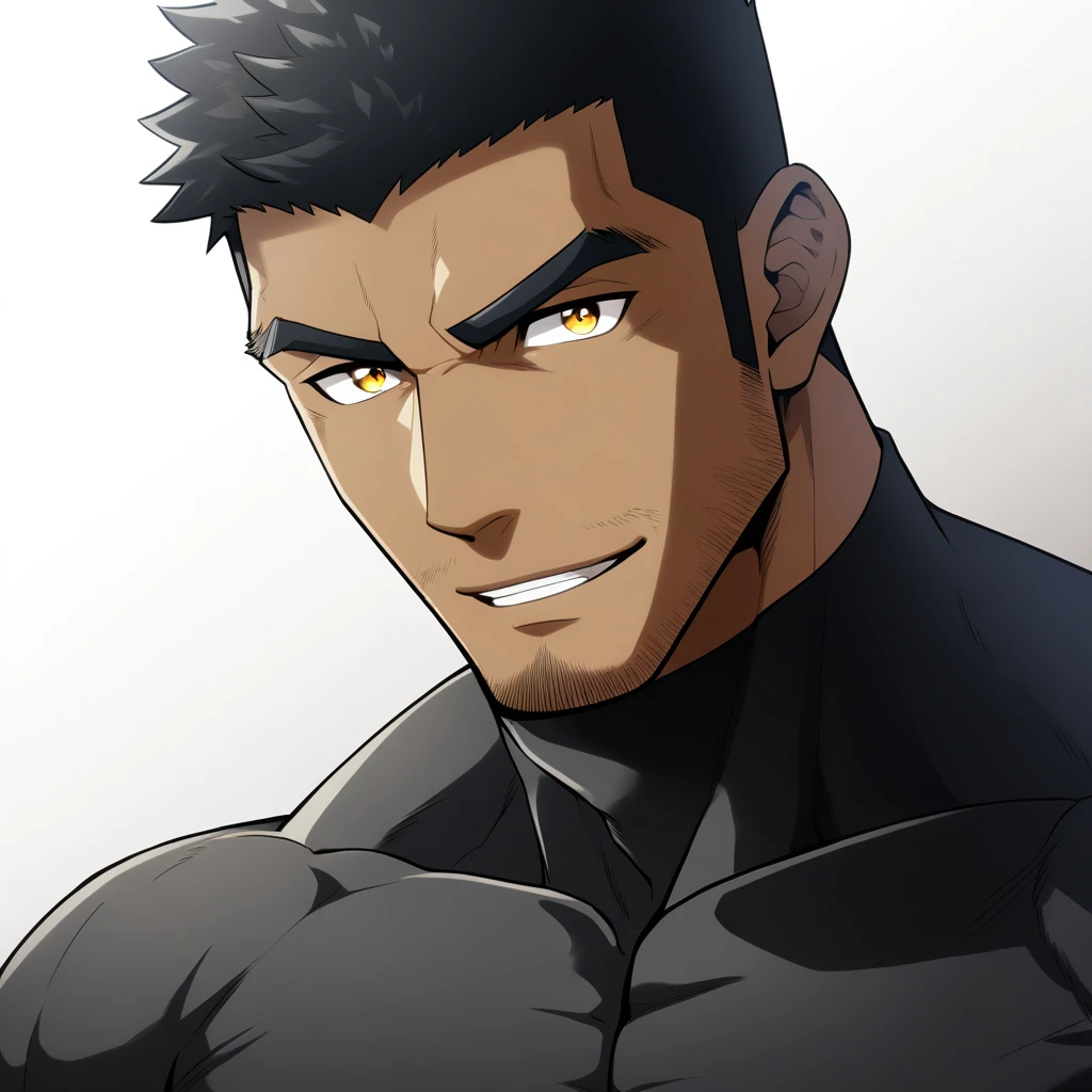 one negro, anime characters:Gyee, Hibino Kafka, Muscle Sports Student, negro black skin, Very Black, muscular tough guy, Manliness, male focus, Dark grey turtleneck tight T-shirt, Regular symmetrical pattern, Very tight, muscular male, muscular, only, Upper body, alone, Black short hair, Thick eyebrows, stubble, Yellow eyes, White background, simple background, amazing quality, best aesthetics, Ridiculous, bright pupils, crew cut, parted lips, seductive smile, torogao, naughty face, best quality