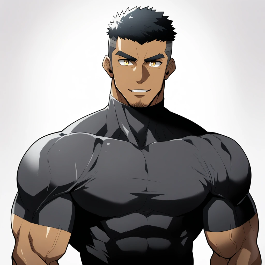 one , anime characters:Gyee, Hibino Kafka, Muscle Sports Student, negrok skin, Very Black, muscular tough guy, Manliness, male focus, Dark grey turtleneck tight T-shirt, Regular symmetrical pattern, Very tight, muscular male, muscular, only, Upper body, alone, Black short hair, Thick eyebrows, stubble, Yellow eyes, White background, simple background, amazing quality, best aesthetics, Ridiculous, bright pupils, crew cut, parted lips, seductive smile, torogao, naughty face, best quality