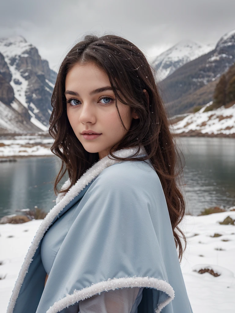 completamente desnuda, plano general, Slim body, (1cute 20 years old girl), focus in body, front view, looking at viewer, very long dark curly hair blowing in the wind, some strands on her face, light blue eyes, serene face and gaze, wearing a armor and winter fur cape. White skin, White skin, snowy mountains and stormy gray sky background, splash art, eye_detail, background_detail, face_detail, hair_detail, more_detail, add_detail, adddetailed, cute_face,