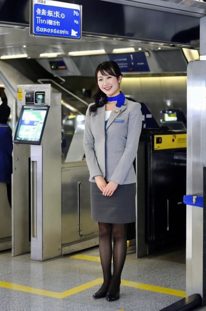 One Japanese woman、Airport terminalsでしゃがんでいる女性、((Full body photo:1.2))、24-years-old、stewardess、Cabin attendant、(Highest quality、masterpiece、high resolution、High resolution)、Clear makeup、Beautiful woman、Perfect proportions、Beautiful feet、Detailed face and eyeoisturized lips、Beautiful black hair、(Nikon Z9 NIKKOR Z 50mm f/1.2 S 50mm F/11 1/40secs:1.2)、((RAW Photos、Photos like the real thing))、Updo、Look at you with a gentle smile、Airline Uniforms、ANA Uniforms、Gray Uniform、(Blue Shirt)、(Blue neck scarf:1.3)、Black high heels、Black pantyhose、Thin material pantyhose、(Airport terminals、Clean floor、Bright lighting)