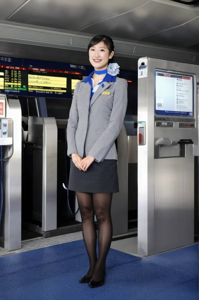 One Japanese woman、Airport terminalsでしゃがんでいる女性、((Full body photo:1.2))、24-years-old、stewardess、Cabin attendant、(Highest quality、masterpiece、high resolution、High resolution)、Clear makeup、Beautiful woman、Perfect proportions、Beautiful feet、Detailed face and eyeoisturized lips、Beautiful black hair、(Nikon Z9 NIKKOR Z 50mm f/1.2 S 50mm F/11 1/40secs:1.2)、((RAW Photos、Photos like the real thing))、Updo、Look at you with a gentle smile、Airline Uniforms、ANA Uniforms、Gray Uniform、(Blue Shirt)、(Blue neck scarf:1.3)、Black high heels、Black pantyhose、Thin material pantyhose、(Airport terminals、Clean floor、Bright lighting)