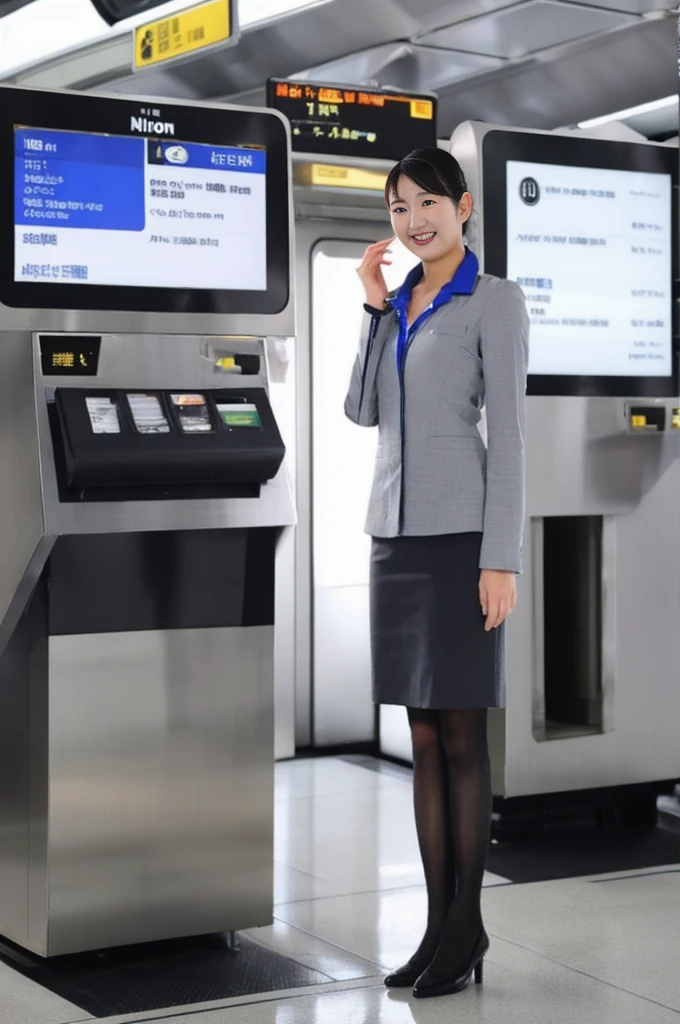 One Japanese woman、Airport terminalsでしゃがんでいる女性、((Full body photo:1.2))、24-years-old、stewardess、Cabin attendant、(Highest quality、masterpiece、high resolution、High resolution)、Clear makeup、Beautiful woman、Perfect proportions、Beautiful feet、Detailed face and eyeoisturized lips、Beautiful black hair、(Nikon Z9 NIKKOR Z 50mm f/1.2 S 50mm F/11 1/40secs:1.2)、((RAW Photos、Photos like the real thing))、Updo、Look at you with a gentle smile、Airline Uniforms、ANA Uniforms、Gray Uniform、(Blue Shirt)、(Blue neck scarf:1.3)、Black high heels、Black pantyhose、Thin material pantyhose、(Airport terminals、Clean floor、Bright lighting)