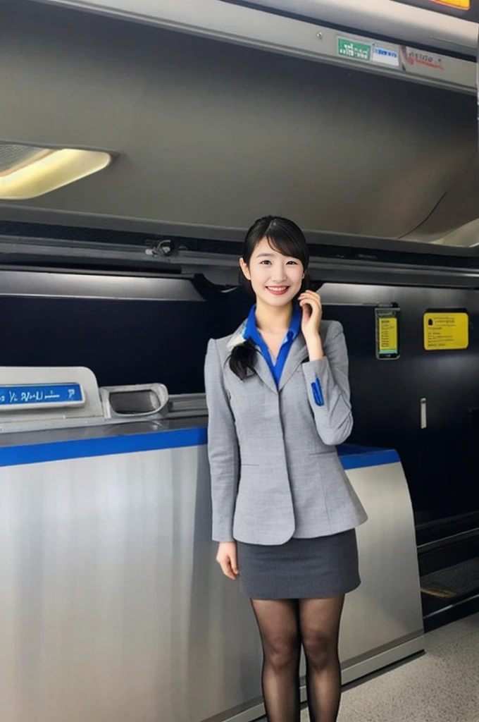 One Japanese woman、Airport terminalsでしゃがんでいる女性、((Full body photo:1.2))、24-years-old、stewardess、Cabin attendant、(Highest quality、masterpiece、high resolution、High resolution)、Clear makeup、Beautiful woman、Perfect proportions、Beautiful feet、Detailed face and eyeoisturized lips、Beautiful black hair、(Nikon Z9 NIKKOR Z 50mm f/1.2 S 50mm F/11 1/40secs:1.2)、((RAW Photos、Photos like the real thing))、Updo、Look at you with a gentle smile、Airline Uniforms、ANA Uniforms、Gray Uniform、(Blue Shirt)、(Blue neck scarf:1.3)、Black high heels、Black pantyhose、Thin material pantyhose、(Airport terminals、Clean floor、Bright lighting)