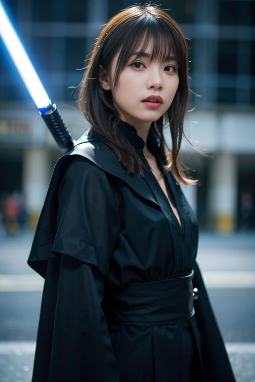 wearing a tight black suit, dressed as a Jedi Master, Holding a Blue lightsaber, Starwars, black cloak, rope, standing at warzone, Stormtroopers, Sith, explosions, laser shots, parted lips, blurry background,
BREAK
masterpiece, (best quality:1.2), ultra highres, (photorealistic:1.4), (extremely perfect anatomy body parts), realism, natural light, depth of fields, Detailed Background, perfect composition,highly detailed, detailed face, extremely detailed, ultra-detailed, 8K wallpaper, extremely awesome detailed, dynamic lighting, deep shadows, photorealistic, realistic face, well-groomed face