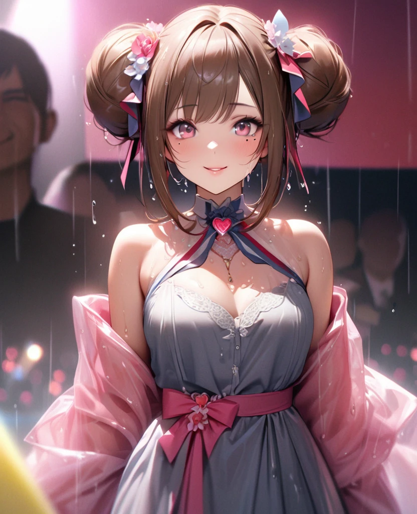 One Girl、Looking at the audience、lovely,
Beautiful pink eyes、Two brown double hair buns , Mole under the eye、Plump and glossy lips、Heart-shaped choca、Idol、Her name is May,smile、ー、。.。.。.。.。.。.。.。.。.。.。.。.。.。.。.。.。.。.3D、Realistic、
The idol's costume was soaked in the heavy rain, and her chest was wet and transparent.Heavy rain at outdoor concert, Drape clothes、gem、The decoration has been removed、Floral、Lace trim,On a glittering stage、
masterpiece、highest quality、8k、Detailed skin texture、Detailed cloth texture、Beautifully detailed face、Intricate details、Very detailed、
超A high resolution、8k Ultra HD、Film Grain、Best Shadow、delicate、Gazing at the audience、front